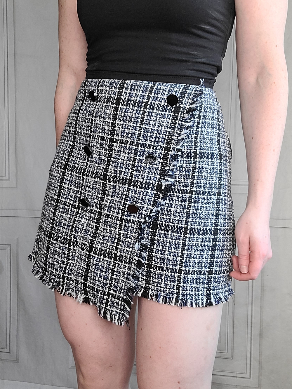 Lush Navy Tweed Mini Skirt with Decorative Button